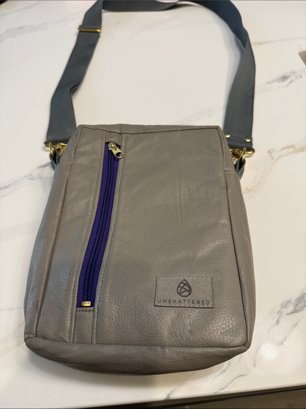 Grey Crossbody Bag with Purple Zip